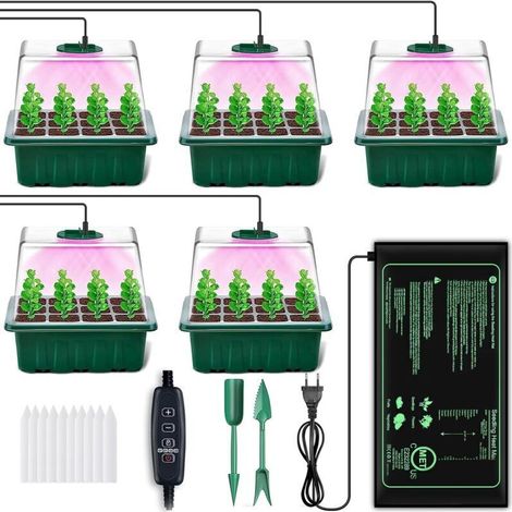 Mini invernadero para plantas, bandeja de semillas de 5 piezas con esterillas calefactoras, controlador de temporizador de luz ajustable, bandeja universal para cultivo de plantas de interior con tapa