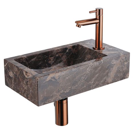Saniclass Fuente Ensemble lave-mains - 40x22x10cm - trou de robinet à droite - robinet de lave-mains cuivre brossé PVD - bouchon de vidage - siphon (1/5)