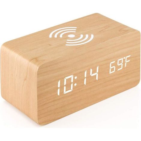 Réveil numérique en bois avec station de charge sans fil, chargeur rapide 5 W, commande vocale, pour chambre, maison et bureau XXW (1/4)