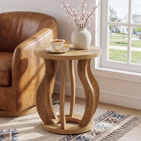 Tribesigns Table d'Appoint Ronde, Pettie Bout de Canape de Style Ferme pour Salon, Table de Chevet avec 2 Niveaux pour Chambre à Coucher, Petits Espaces, Marron (2 Pièce, Brun)