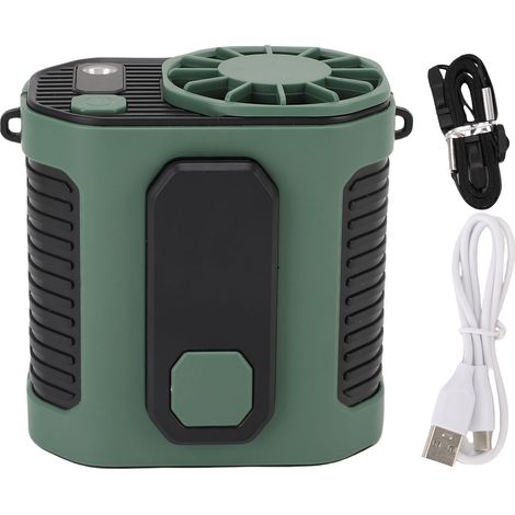 Ventilateur de ceinture avec lampe LED, rechargeable par USB, portable et rafraîchissant, idéal pour les voyages, le travail et le jardinage en extérieur. 10 vitesses de ventilation. Vert foncé.