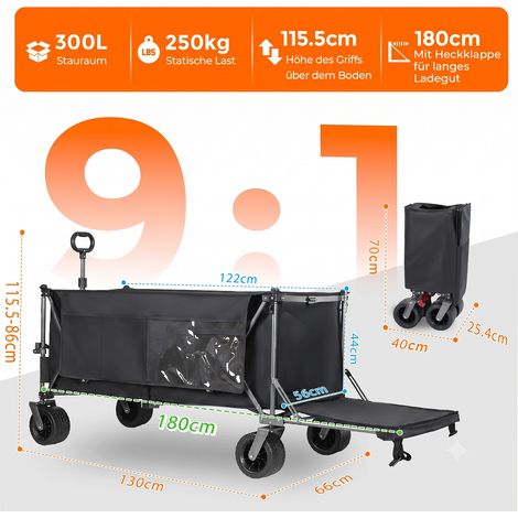 Chariot pliable avec rallonge arrière 300L+120L, roues tout-terrain 17x10 cm, 180 cm, noir, idéal pour jardin et extérieur (1/5)