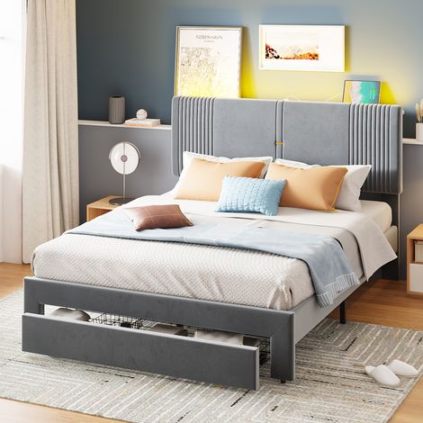 Cama adulto, cama doble acolchada de 140 x 200 cm con banda luminosa y enchufe USB y cajón, terciopelo, gris, sin colchón (1/5)