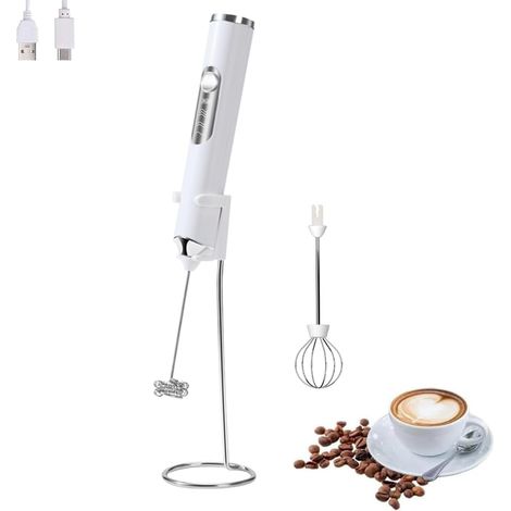 Mousseur à lait électrique portable avec 2 têtes, fouet mélangeur à mousse avec USB rechargeable 3 vitesses, (Blanc avec support) (1/5)