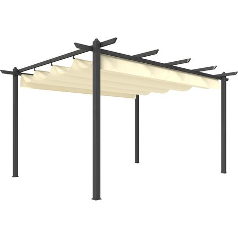 Outsunny pérgola de jardín 4x3 m con techo retráctil, cenador de jardín con estructura de aluminio, UPF30+, orificios de drenaje, crema