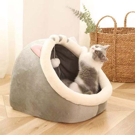 Lit Pour Chat - Cabane Pour Chat En Coton Doux - Lit Caverne Semi-Fermé Avec Oreilles - Adapté Quatre Saisons - Gris - 28 X 28 X 28 cm - 1 Pièce (1/5)