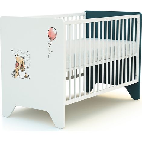 Lit bébé 60x120 – Hêtre massif et panneaux de fibres haute densité – Sommier réglable en 3 hauteurs – Couleur bleu canard et blanc – AT4 (1/4)