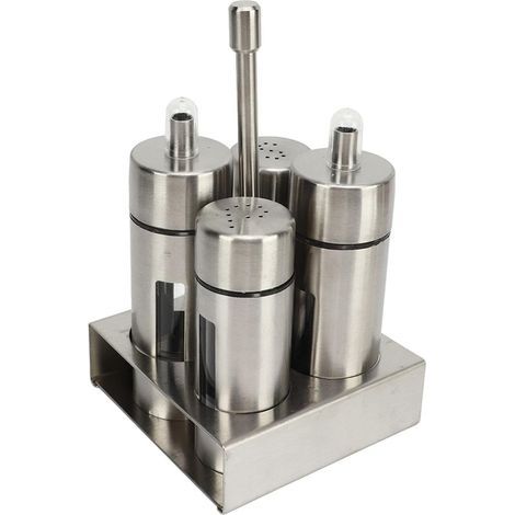 Lot de 4 Huile et Vinaigre et Poivre et Sel avec Support, Bouteilles de Vinaigre et d'huile, Ensemble Salière et Poivrière en Acier Inoxydable, Étagère à Épices, Pour Cuisine Restaurant (1/5)