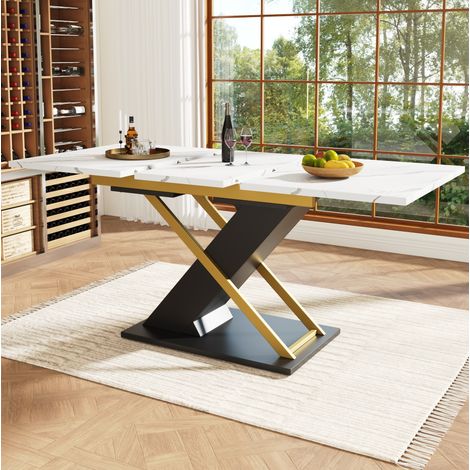 Mesa de comedor extensible 120-160x80x75.4 cm negro en MDF y metal con diseño mármol y patas cruzadas (1/5)