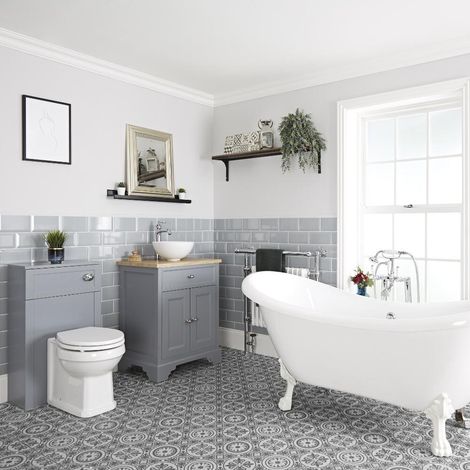 Milano Thornton Light Grey Bathroom Suite with Freestanding Double Ended Slipper Bath and Feet 645mm Vanity Unit with Countertop Basin and Back to Wall Toilet WC Unit - White Claw Feet (1/5)