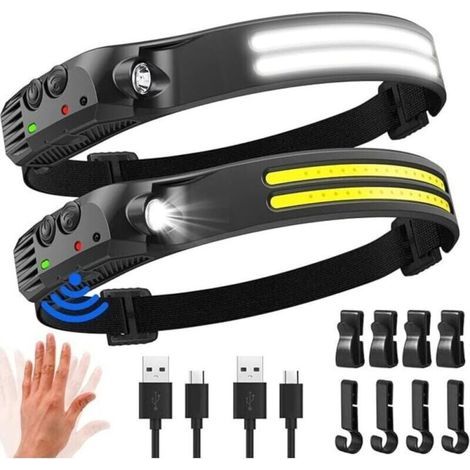 Lampe frontale LED ultra puissante. 2000 lumens. éclairage 230°. lampe frontale rechargeable par USB. capteur de mouvement. étanche IPX5. poids 0.14 lb. légère. pour la pêche. le camping. le cyc (1/4)