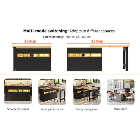 Table de cuisine démontable, équipée d’un éclairage LED et permettant un mouvement de 360°. La longueur peut être ajustée entre 120 et 180 cm. Table moderne pour la cuisine (1/5)