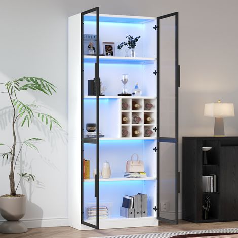 MEUBLIV Vitrina 80x35x200 cm blanca – LED, puertas de cristal y botellero (1/5)