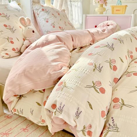 Housse de Couette 220x240 Imprimé Tulipes Beige Rose, Parure de Lit 220x240 Adulte Microfibre Seersucker avec Taies d’Oreiller 65x65 cm, Fermeture (1/5)