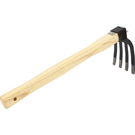 Outil de jardin combinant houe, fourche, râteau et bêche à main avec manche en bois, pour broyer et aérer le sol (1/5)