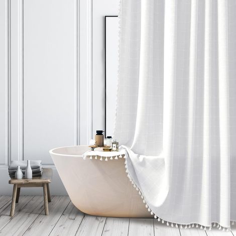 Rideau de Douche bohème Tissu texturé Lin Rideau de Salle de Bain avec Pompons Résistant à l'eau Lavable Rideau de Douche Style bohème campagnard avec Crochets 150 x 180 cm Blanc