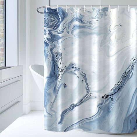 Duschvorhang mit 12 Haken, hellblaues Marmormuster für das Badezimmer, 180x180 cm.