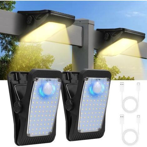 Lampes solaires d'extérieur avec détecteur de mouvement, lot de 2 à pince, étanches (IP65), rechargeables par USB, 3 modes d'éclairage, pour porte d'entrée, garage, clôture (1/5)
