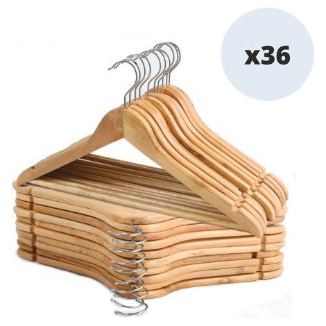 MSV – Lot de 36 cintres en bois massif – Tête en métal chromé pivotante 360° – Optimise le rangement sans déformation des vêtements