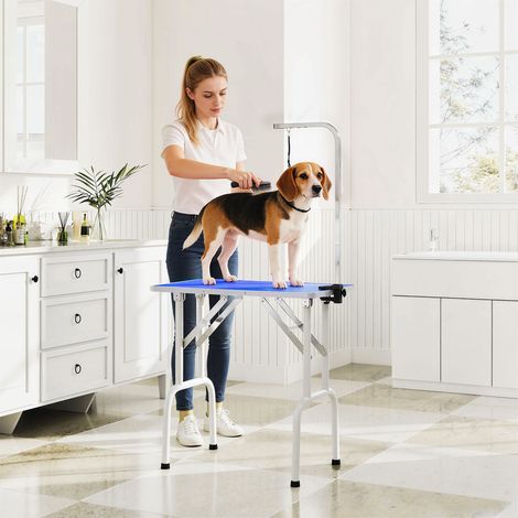 Table de toilettage pour chien, pliable, réglable en hauteur avec bras réglable, sangle, tapis en caoutchouc, bleue (1/5)