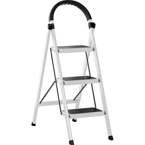 Leiter, 3-stufige Klappleiter, Tragkraft 150 kg, Rutschfeste Stufen, Verdickter Rohrkörper, 90×52×38 cm, Weiß. (1/5)