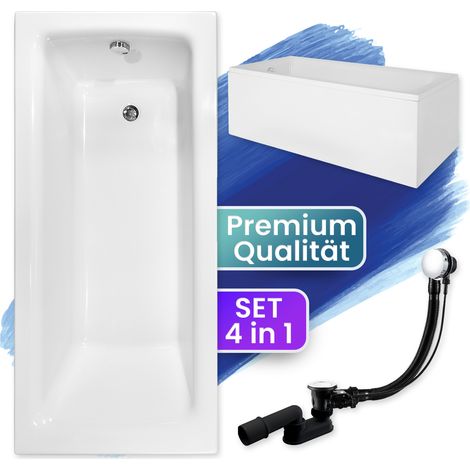 Badewanne Rechteck 100x70 mit AcrylSchürze, Ablaufgarnitur & Füßen GRATIS - Komplettset 4in1 Original Acryl Wanne Siphon - BADLAND TALIA (1/5)
