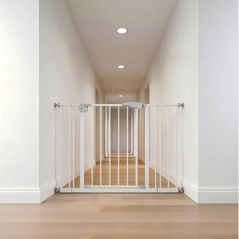 Barrière de sécurité enfant et chien 75–115 cm, métal blanc, auto-fermeture, sans perçage FloraGrace (1/5)
