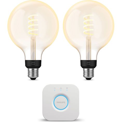 Philips Hue Kit de démarrage E27 avec 2 Ampoules Globe à filament Grand (G125) Lumière blanche chaude à froide - Comprend 1 Bridge - White Ambiance (1/5)