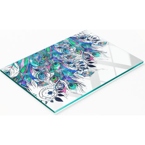 Planche à découper en verre trempé avec motif décoratif de plumes de paon 80x52 cm (1/5)