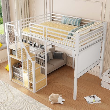 Hochbett 140x200 mit integriertem Stauschrank und Sicherheitsleiter, platzsparendes Jugendbett aus Metall mit Ablagefläche, Weiß (1/5)