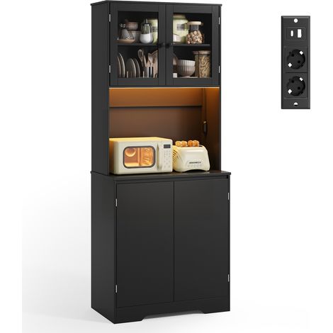 Sideboard 180 cm Hoch Bealife Küchenschrank mit Arbeitsplatte Farbwechselnder LED-Beleuchtung Verstellbaren Einlegeböden Steckdosen 4 Türen 70 x 40 x 180 cm Schwarz