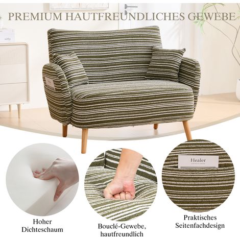 Canapé 2 places moderne élégant, accoudoirs ultra-confortables, coussins & sac de rangement, profond, pour chambre (bouclé vert olive) (1/4)