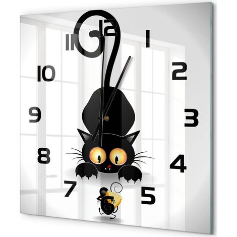 Grande Horloge Murale Carrée Facile à Lire en Verre Silencieuse Salon Cuisine Bureau Chat et souris 60x60 cm (1/5)