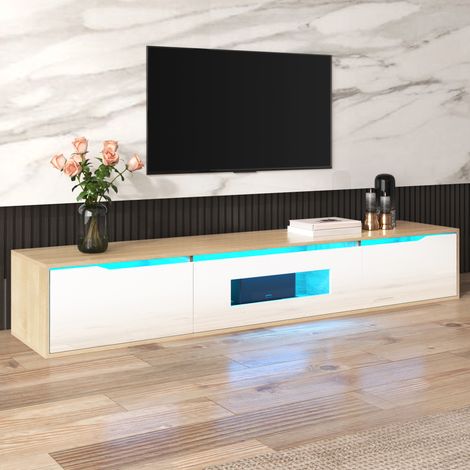 Meuble TV brillant association blanc et bois naturel éclairage LED multicolore salon (1/4)