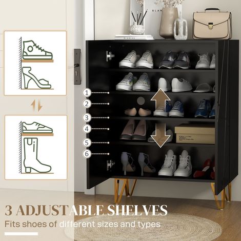 Meuble à chaussures étroit noir brillant avec charnières à fermeture douce et étagères réglables pour 15 à 20 paires de chaussures (1/5)