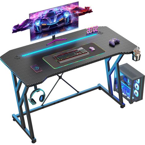 Klyvvo Bureau Gaming LED 100 x 60 cm, Table Gaming avec Bande RGB, Bureau d'Ordinateur Fibre Carbone, Porte gobelet et Crochet pour Casque, Idéal pour Les Gamers et télétravail