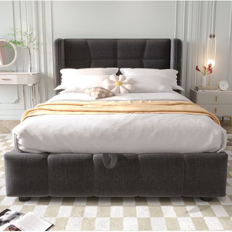 Letto contenitore singolo 90x200 cm, con sollevamento pneumatico, in tessuto grigio, senza materasso (1/5)