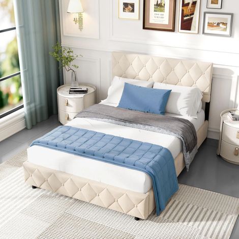 Letto contenitore imbottito 140x200 cm, letto per adulti con rete a doghe e testiera capitonné, velluto, beige, materasso non incluso (1/5)