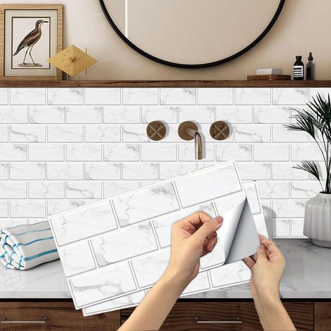 Stickers Carrelage Credence Adhesive, 12 Pièces Décorative à Carreaux 15x30cm Imperméable en PVC Vintage Tuile Stickers pour Cuisine Salle de Bain (1/5)
