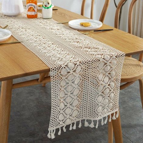Rectangular macrame table runner 30x300cm – High-quality beige cotton – Bohemian decoration for weddings and interiors (1/2)