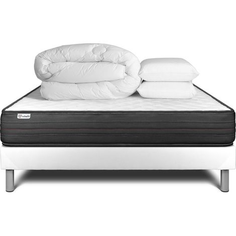 Komplettpaket Bett - Matratze 140x200 cm + Boxspringbett mit Lattenrost (im Set) + 2 Kopfkissen + Bettdecke - Vitalpower