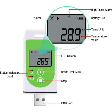 Termometro USB con registratore di dati, sensore di temperatura riutilizzabile, 32000 punti verdi - ALTRO (1/3)