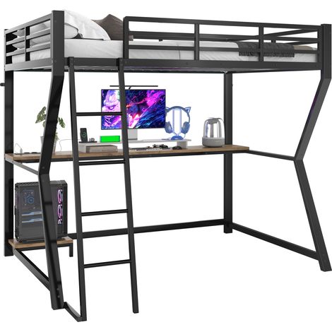 Lit mezzanine 90x200 cm avec bureau, étagère PC, prises USB, éclairage d’ambiance et garde-corps sécurisé, sans matelas, noir - CHICFURN (1/5)
