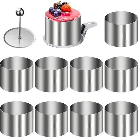 Cake Circle, 8 cm, 10 Pieces Stainless Steel Pastry Circle, with Base Plate and Elevator, Silver Circle Mould, Ideal for Cakes, Mousse and Desserts DIY (1/5)