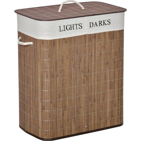 Cesto per Biancheria 2 Scomparti 52x32x63 cm con Coperchio e Maniglie Marrone (1/5)