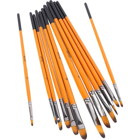 Lot de 12 pinceaux acryliques, corps en nylon lisse, manche en bois avec virole en métal, largement utilisés dans les arts et l'artisanat, corps orange, pointe noisette. (1/5)