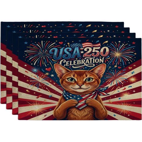Lot de 4 sets de table lavables motif chats abyssins du 4 juillet 250 ans, 30,5 x 45,7 cm, 4 juillet patriotique, décoration de cuisine'Parent'Multicolore'4PCS