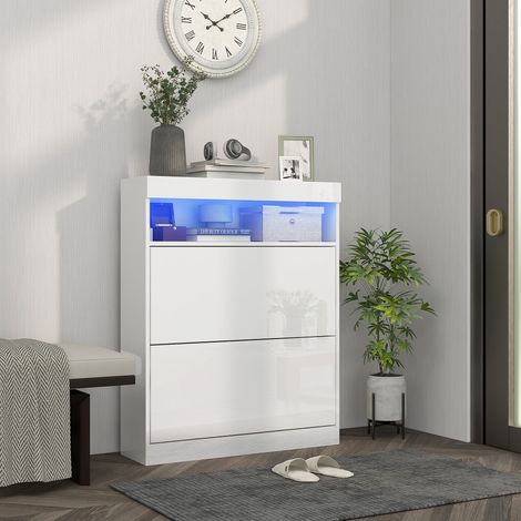 Meuble à chaussures avec éclairage LED et 2 tiroirs abattants pour 12 à 16 paires de chaussures, 80 x 24 x 99,5 cm, blanc brillant (1/5)