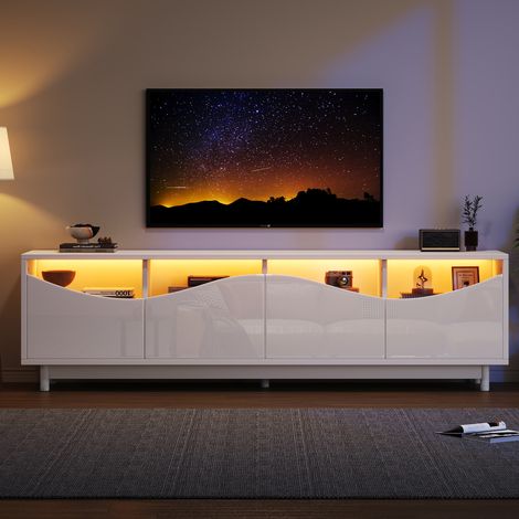 Gebogenes TV-Board weiß hochglanz, LED, gehärtetes Glas, 175 x 38 x 51,2 cm OKMYHOME (1/5)