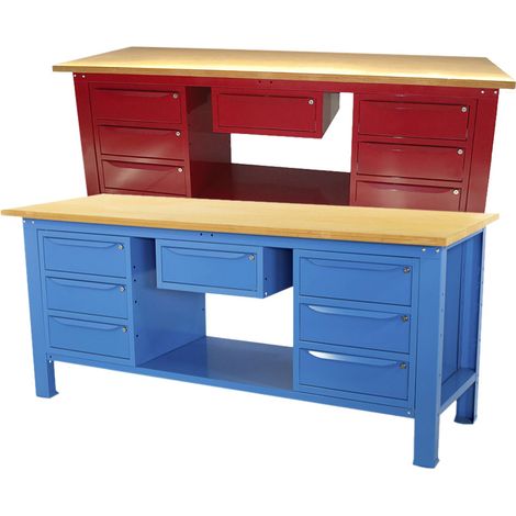 Banco da lavoro SOGI 2 metri con piano in legno + 2 armadi a 3 cassetti + 1 cassetto - blu/rosso, ColoreBlu (1/5)